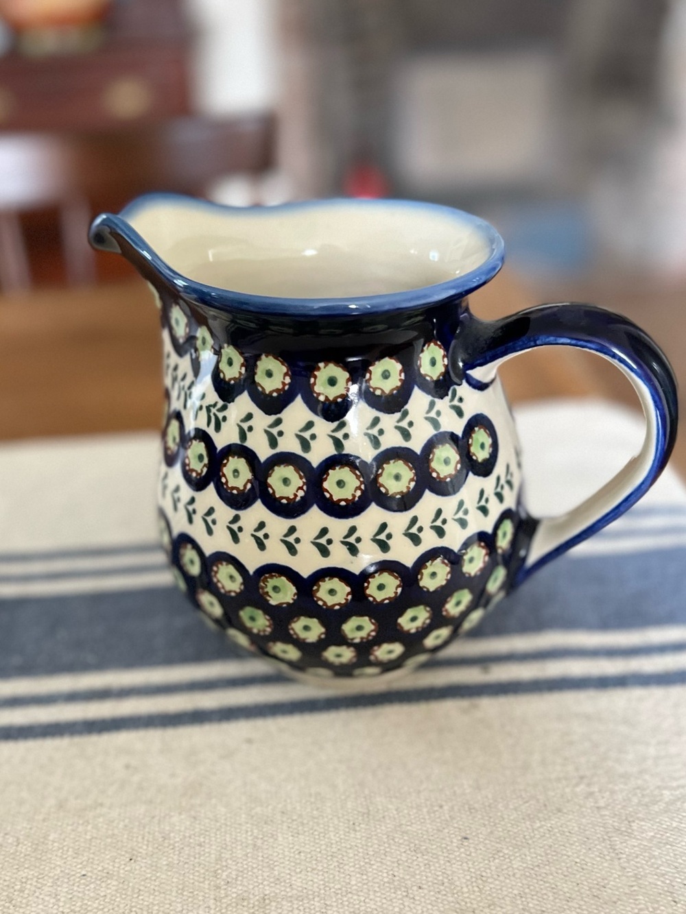 Boleslawiec Polish Pottery Pitcher 6.5” Hand Painted Peacock Eye Leaf Vase